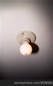 Dim Light Bulb On A White Ceiling