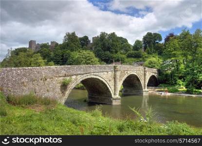 Dinham Bridge with Ludlow Castle above, Shropshire, England.
