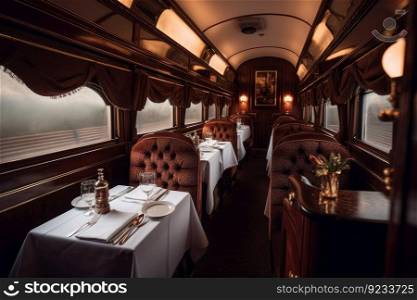 Dining interior train room. Rail inside. Generate Ai. Dining interior train room. Generate Ai