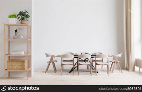 Dining room and big white room, copy space on white background, front view,3D rendering	