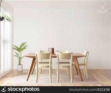 Dining room and kitchen copy space on white background, front view,3D rendering