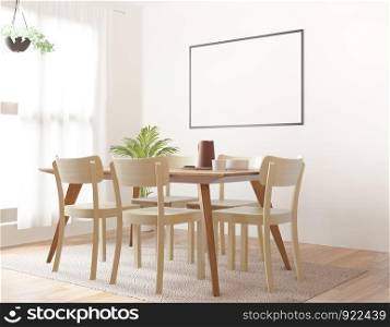 Dining room and kitchen frame for mock up on white background, side view,3D rendering
