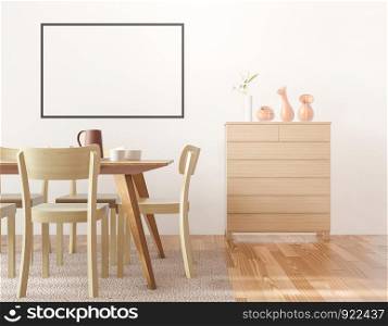 Dining room and kitchen frame for mock up on white background ,wooden cabinet,3D rendering