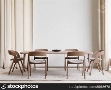 Dining room,Big white room, copy space on white background, front view,3D rendering 