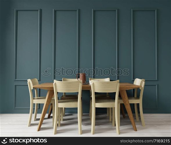Dining room copy space on art deco style green wall background, front view,3D rendering