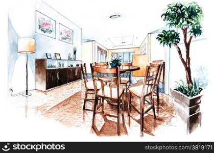 Dining room design of watercolor painting