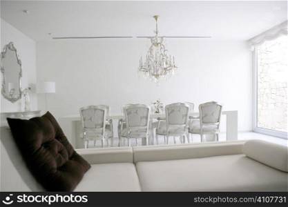 Dining room, lounge area white interior decoration house