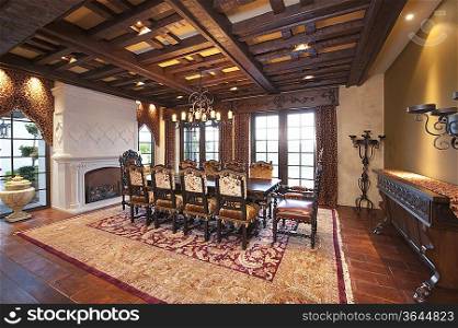 Dining room with wood beamed ceiling