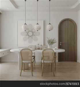 Dining table in dining room white wall, wall art decoration for a studio apartment architecture