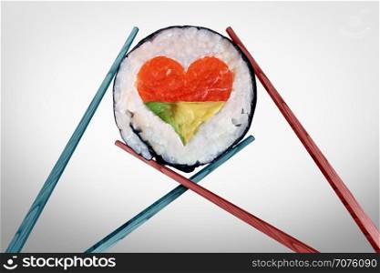 Dinner for two dining and romantic date concept as a couple of chopsticks holding a sushi piece with a love heart shape with 3D illustration elements.