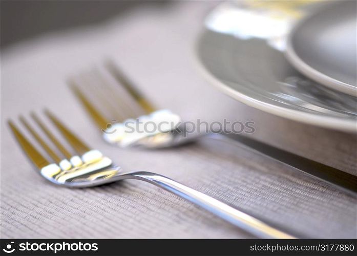 Dinner place setting with plates and cutlery shallow dof