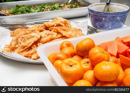 Dinner with Minced meat, Fried prawn balls and fruits