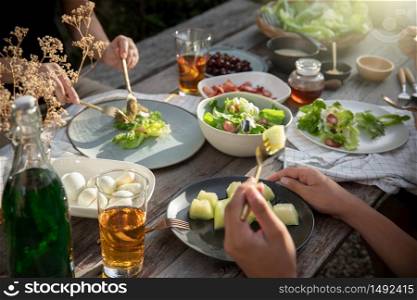 Dinner with organic salad on rustic wooden table, Food healthy organic vegetable concept
