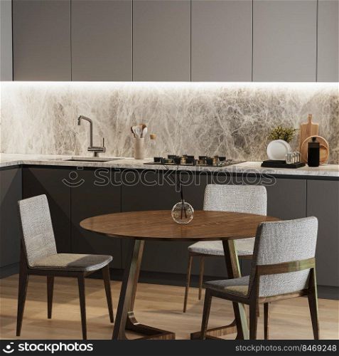 Dinning area with table in kitchen interior, 3d rendering