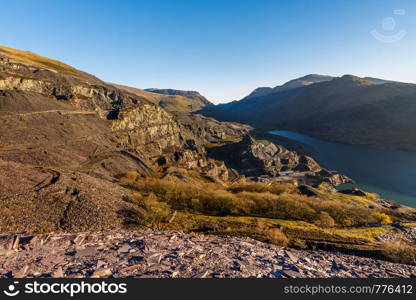 Dinorwic Slate quarry, upper part with Lake and Mountains and lake Peris. Llanberis, North Wales.