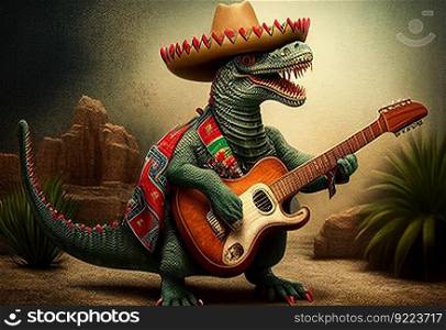 Dinosaur in a sabreo with a guitar illustration. AI generative.