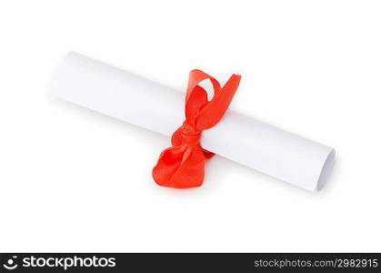 Diploma with red ribbon isolated on white