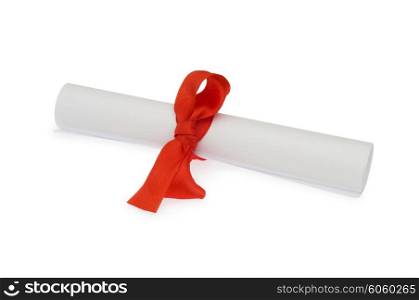 Diploma with red ribbon isolated on white
