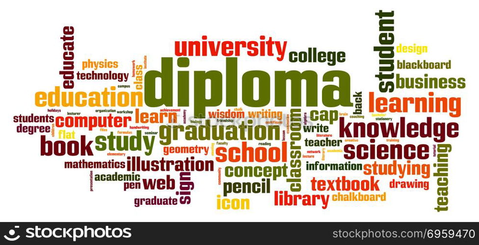 Diploma word cloud concept on white background, 3d rendering.. Diploma word cloud