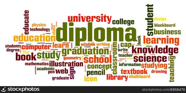 Diploma word cloud concept on white background, 3d rendering.. Diploma word cloud