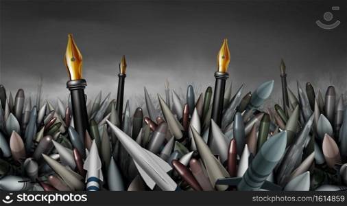 Diplomacy and war versus peace as missile bombs in conflict with diplomatic pens to sign a peaceful egreement as a metaphor for negotiating mutual international diplomat deal as a 3D render.