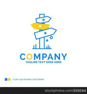 Direction, Board, Camping, Sign, label Blue Yellow Business Logo template. Creative Design Template Place for Tagline.