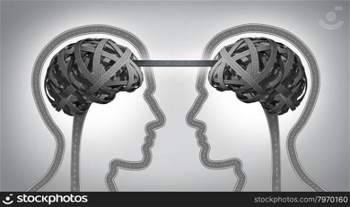 Direction communication business concept for building a bridge between two team members with symbols of human heads and brain made from tangled roads and highways connected together with a street as an icon of unity and agreement success.