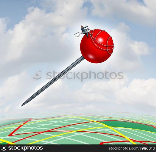 Direction manager as a businessman choice concept with a man guiding a red location pushpin up in the sky over a road map as a business metaphor for career opportunity and achievement search.
