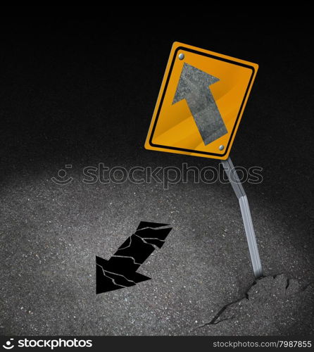 Direction problem business concept as a symbol for being off course as a damaged traffic sign with a lost arrow that is broken on the pavement as an icon for decision crisis.