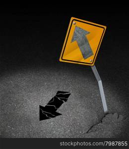 Direction problem business concept as a symbol for being off course as a damaged traffic sign with a lost arrow that is broken on the pavement as an icon for decision crisis.