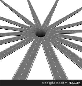 Direction risk and black hole metaphor or pithole and danger pit hole hazard business symbol as a group of roads merging to a center point leading to a problem as a 3D render.