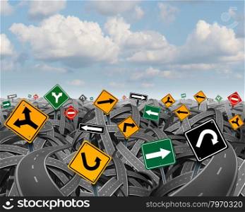 Direction uncertainty with a landscape of confused tangled roads and highways and a group of traffic signs competing for influence as a symbol of the challenges of planning a strategy for success.