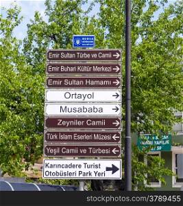 Directional Signs To Different Touristic Landmarks In Bursa, Turkey