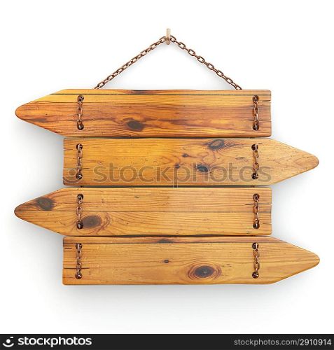 Directions. Old wood signboard on chain. 3d