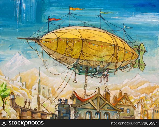 Dirigible. The oil painting with the huge airship flying above the old-style fantasy buildings. My artwork, oil on canvas, 60 x 80 cm..