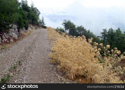 Dirt road and mist in mountain area in Turkey