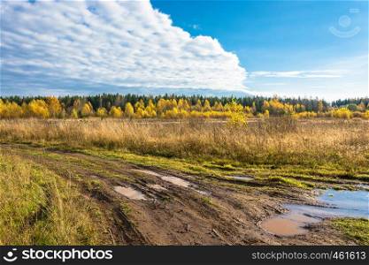 Dirt road at autumn day in Kostroma region, Russia.