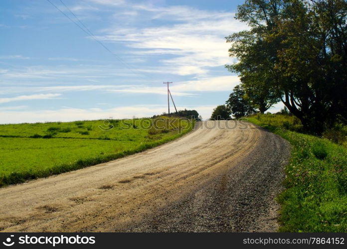 Dirt road in countryside between meadow and forest against blue sky.