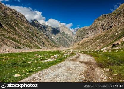 Dirt road in Himalayas. Lahaul valley, Himachal Pradesh, India. Dirt road in Himalayas.