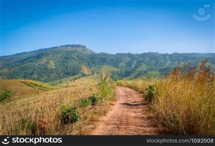 dirt road on field to hill mountain - Rural dusty countryside road for off road pickup truck