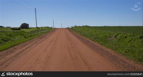 Dirt road passing through rural landscape, Albany, Prince Edward Island, Canada