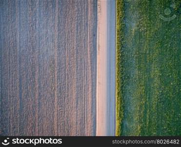 dirt road, plowed field and meadow - aerial view - Pawnee National Grassland near Grover Colorado