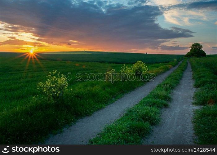 Dirt road through fields and sunset sky, Staw, Poland