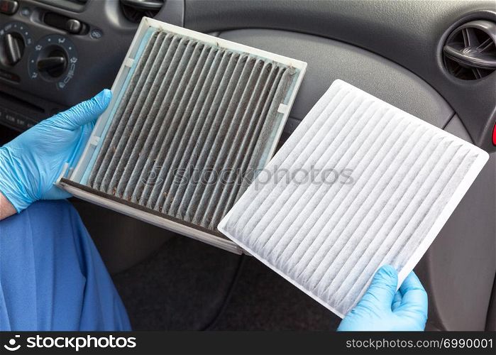 Dirty and clean cabin pollen air filter for a car