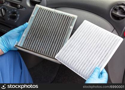 Dirty and clean cabin pollen air filter for a car