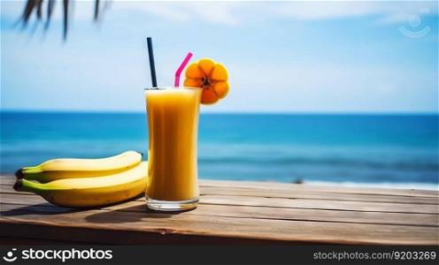 Dirty Banana cocktail on background with blue sea and sky tropical background. Generative AI.. Dirty Banana cocktail on background with blue sea and sky tropical background. Generative AI