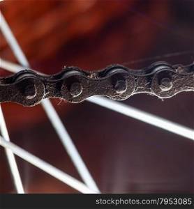dirty bicycle chain on the background of the spokes