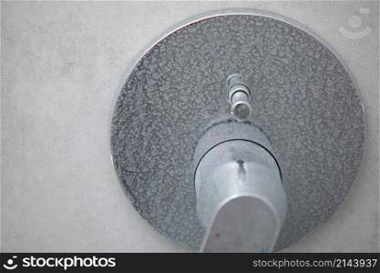 Dirty calcified shower mixer tap, faucet with limescale on it, plaque from water, Chrome-plated shower, close up photo.. Dirty calcified shower mixer tap, faucet with limescale on it, plaque from water, Chrome-plated shower, close up photo