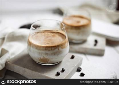 Dirty coffee,Cold milk topped with hot espresso shot.. Dirty coffee