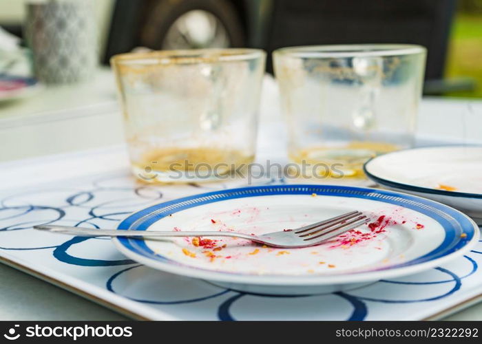 Dirty dishes after coffee drinking is finished. Camping on nature. Relax on fresh air in garden.. Dirty dishes outdoors after meal is finished.